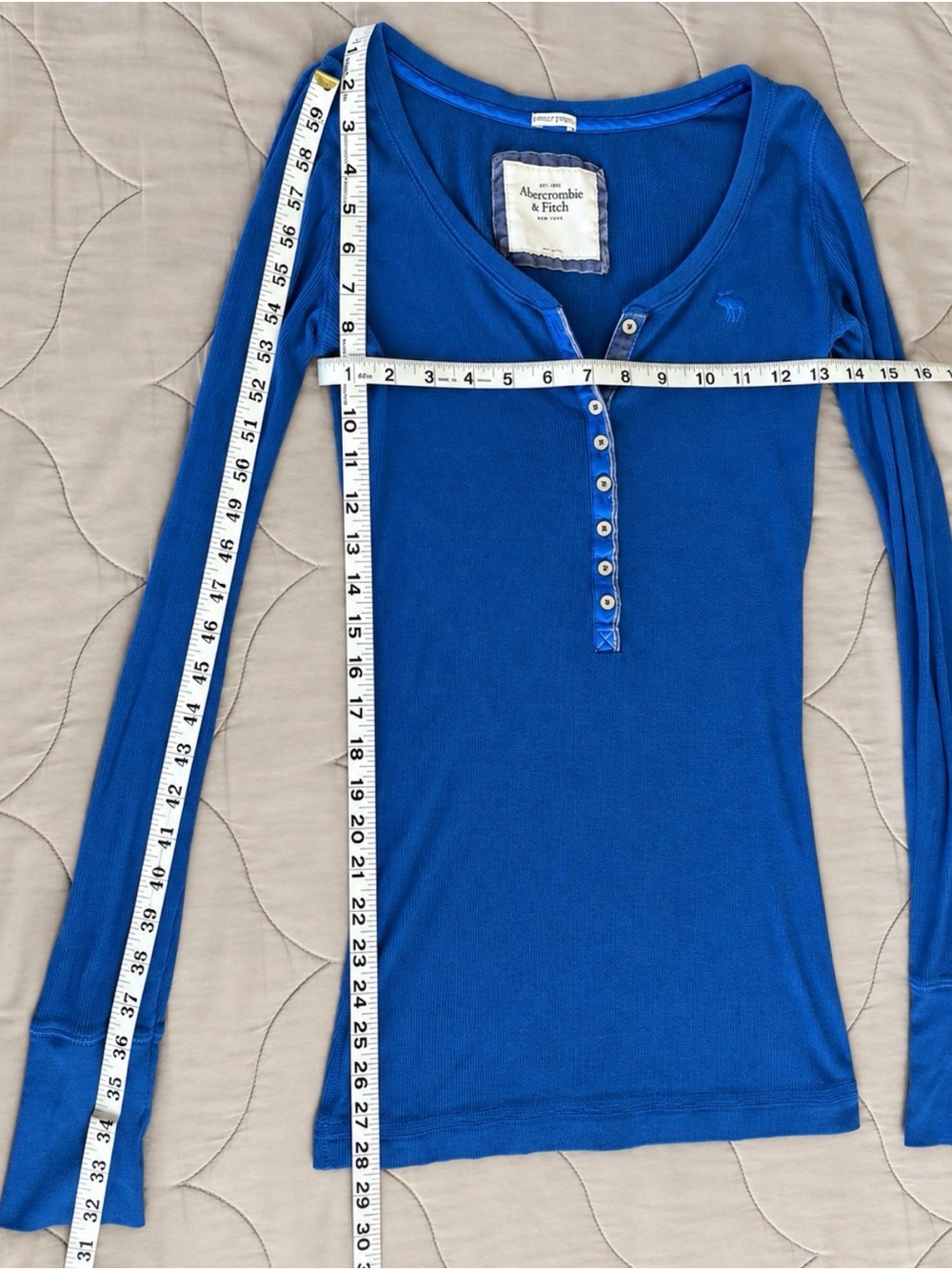 Vintage Abercrombie & Fitch Y2K Blue Ribbed Henley Top M - Picture 3 of 4